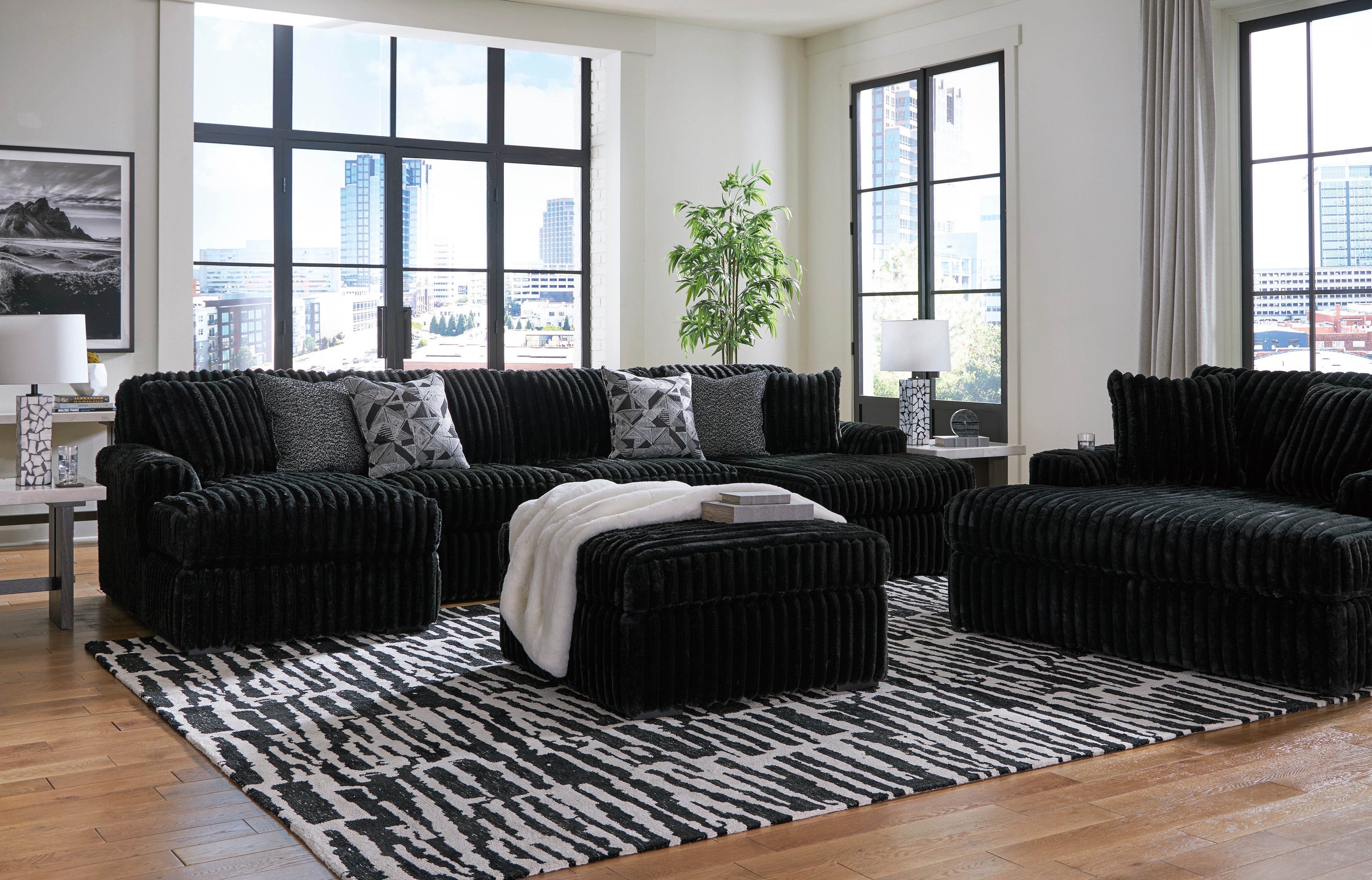 Midnight-Madness Onyx Corduroy 3-Piece Double Chaise Sectional