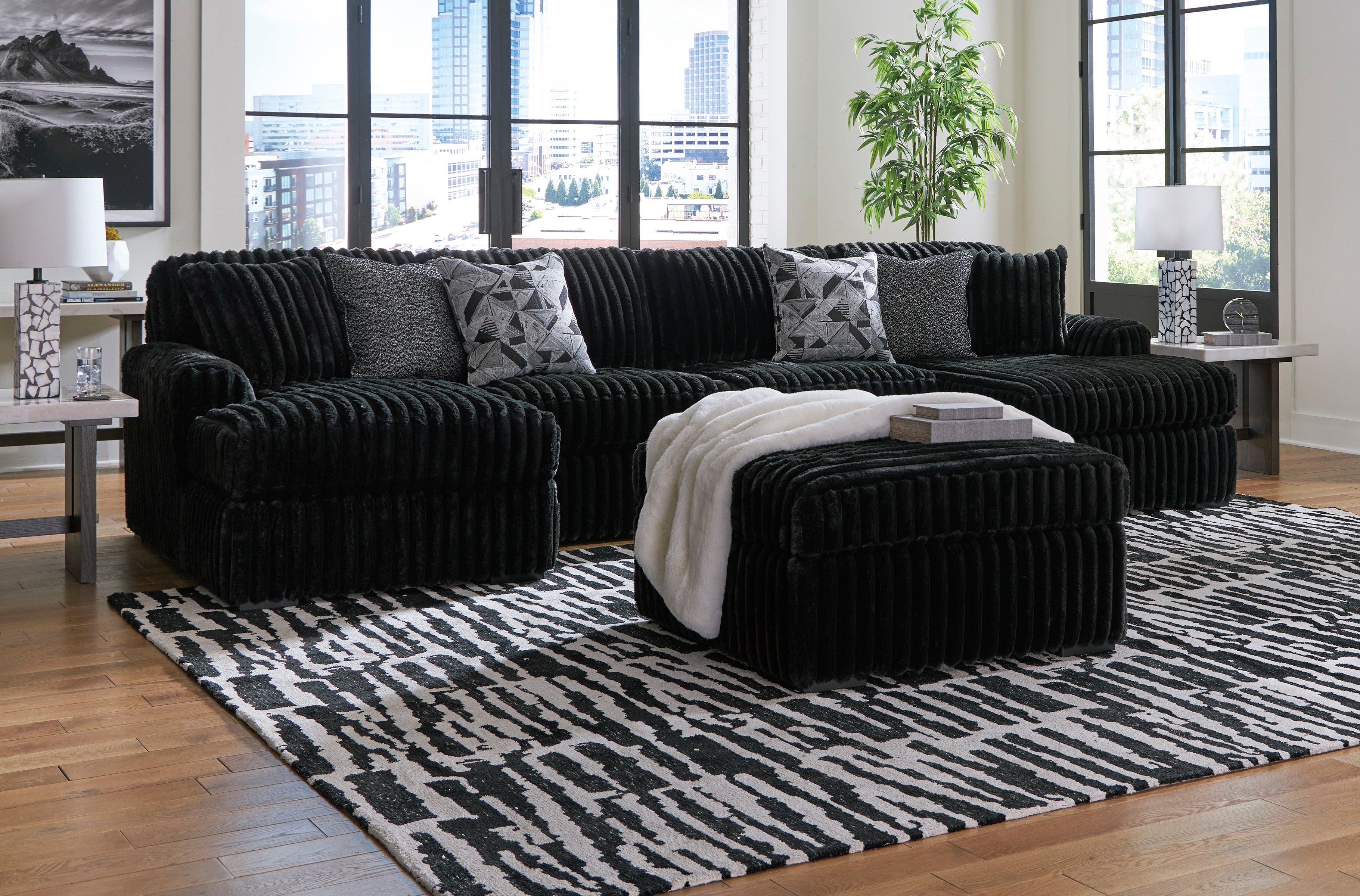 Midnight-Madness Onyx Corduroy 3-Piece Double Chaise Sectional