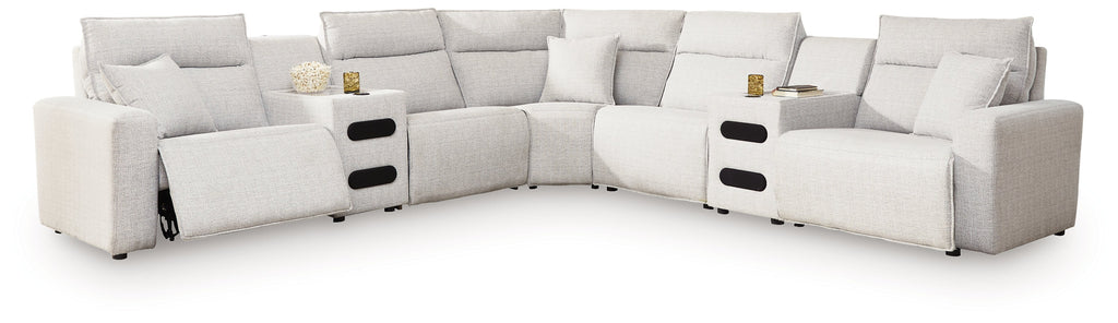 Modmax II Stone 7 Pc Power Reclining Sectional w/ Chaise & Audio Consoles