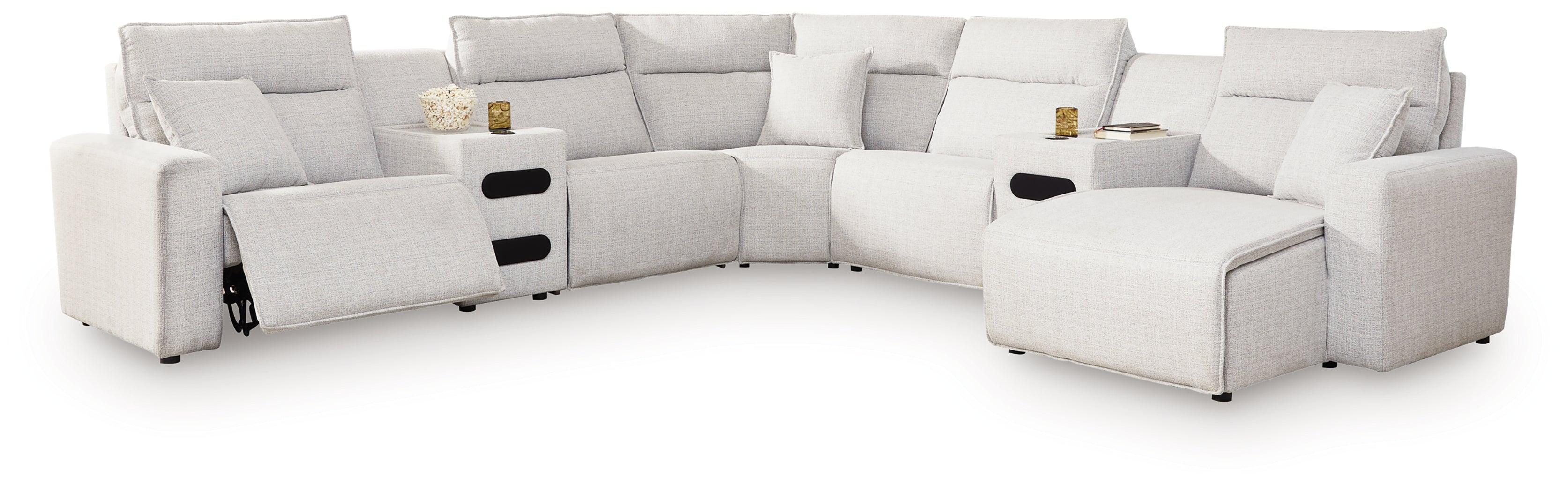 Modmax II Stone 7 Pc Power Reclining Sectional w/ Chaise and Audio Consoles