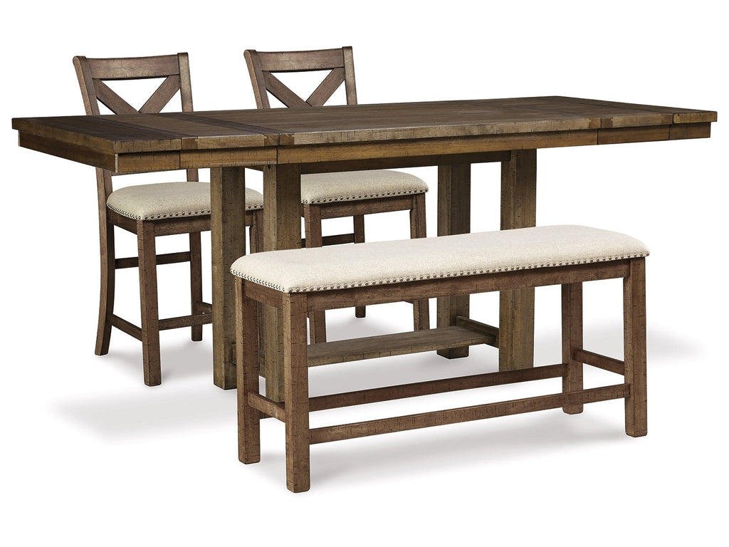 Moriville Beige Counter Height Dining Table and 2 Barstools and Bench