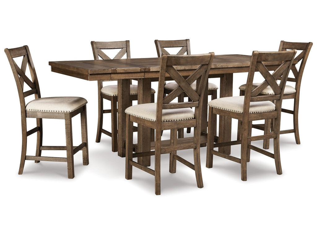 Moriville Beige Counter Height Dining Table and 6 Barstools