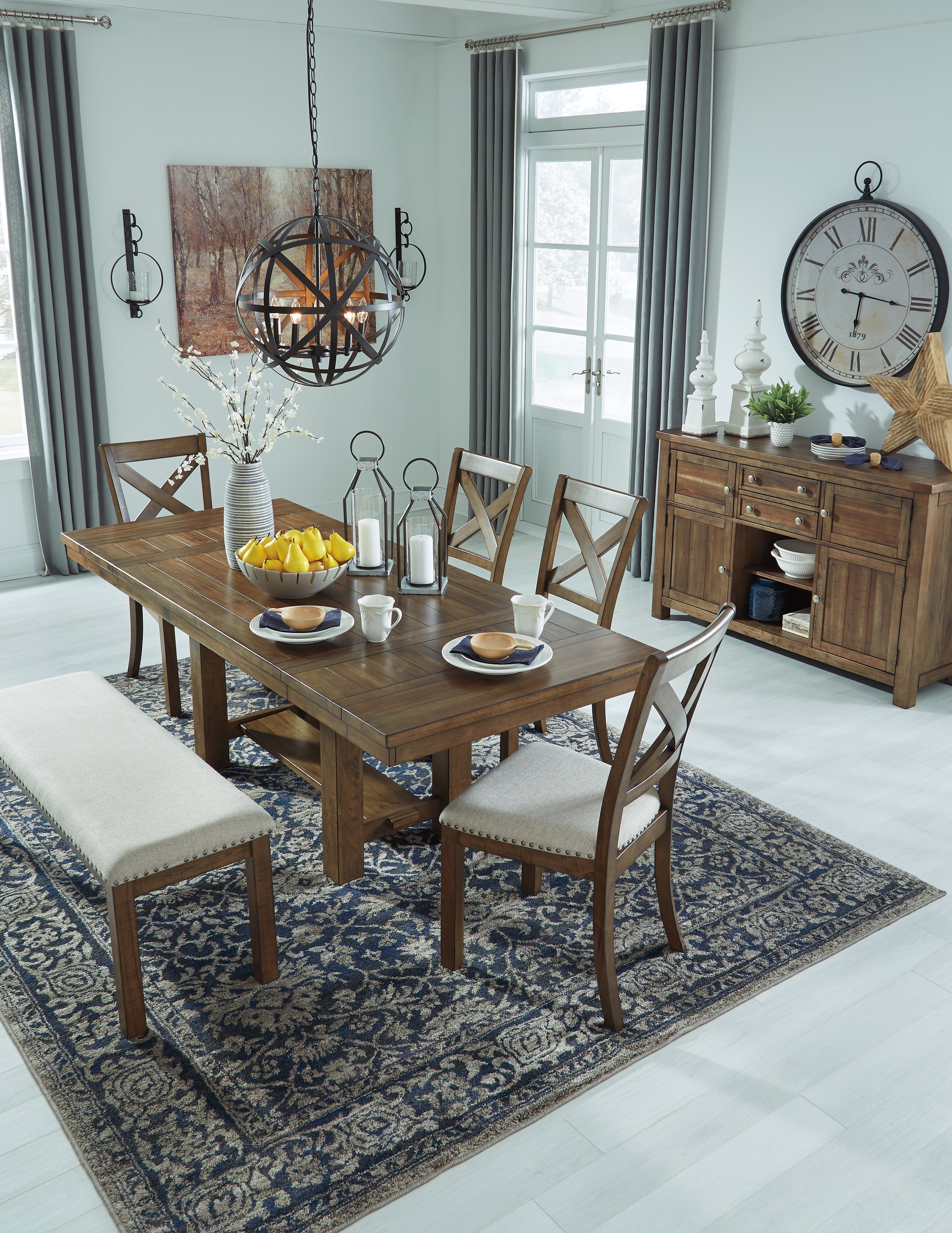 Moriville Beige Dining Table w/6 Chairs & Bench and Server