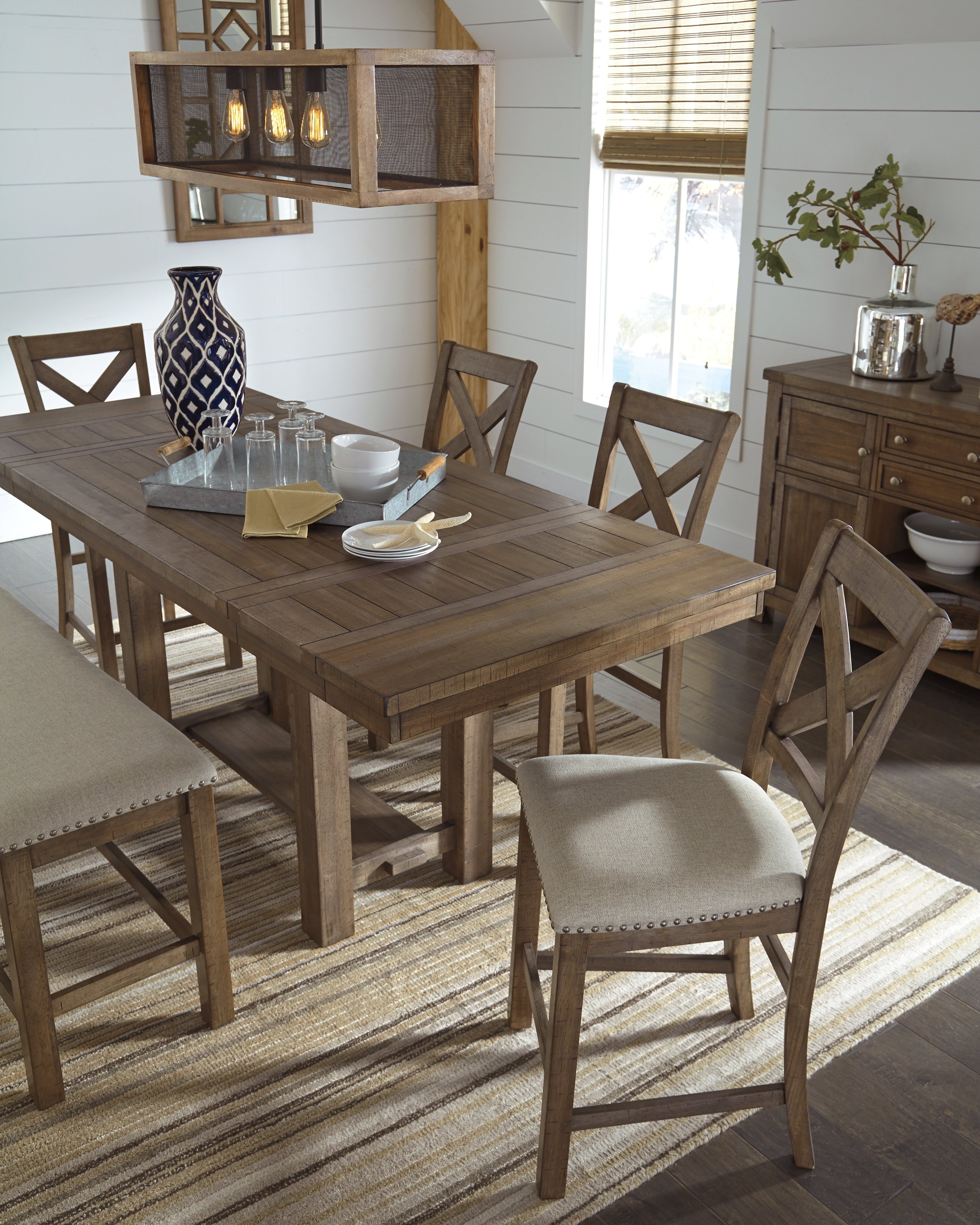 Moriville Grayish Counter Height Dining Table, 4 Barstools and Server, Brown