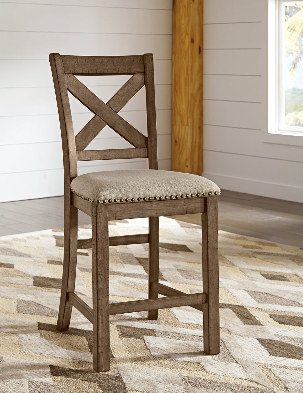 Moriville Grayish Counter Height Dining Table, 4 Barstools and Server, Brown