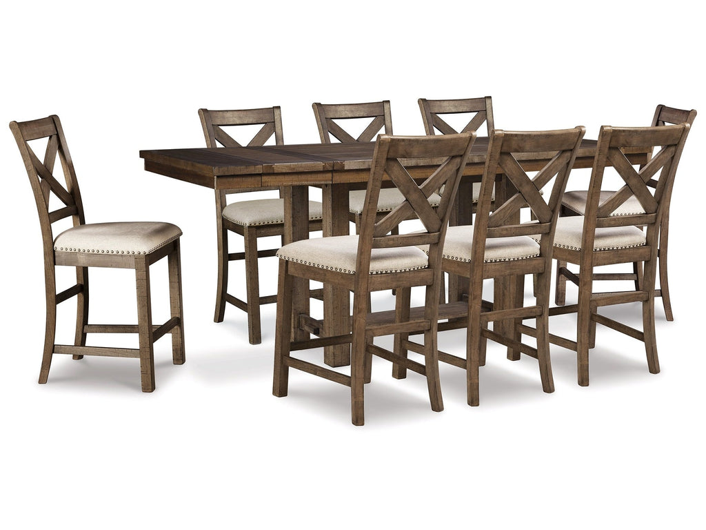 Moriville Grayish Brown Counter Height Extension Table & 8 Barstools