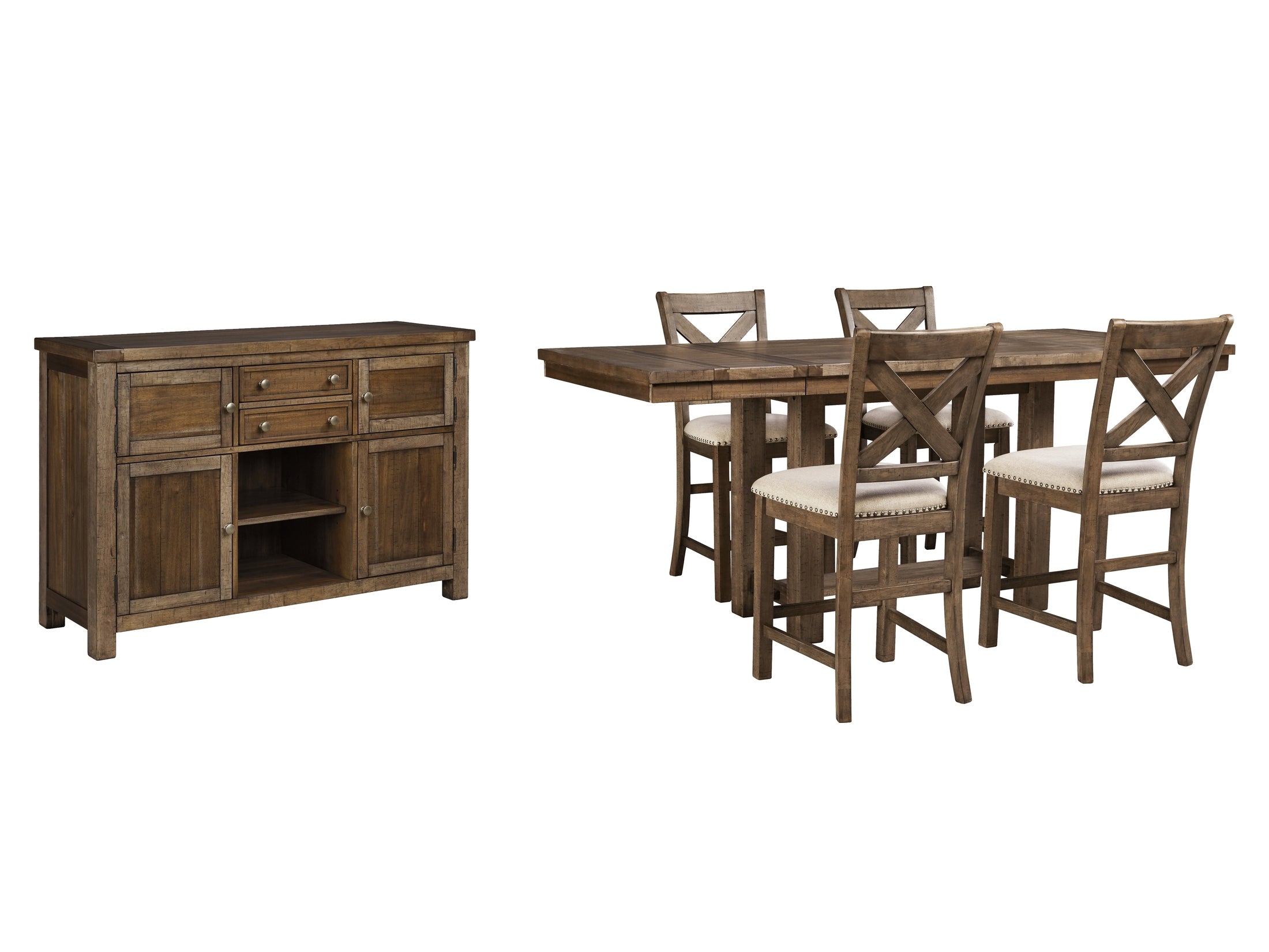 Moriville Grayish Counter Height Dining Table, 4 Barstools and Server, Brown