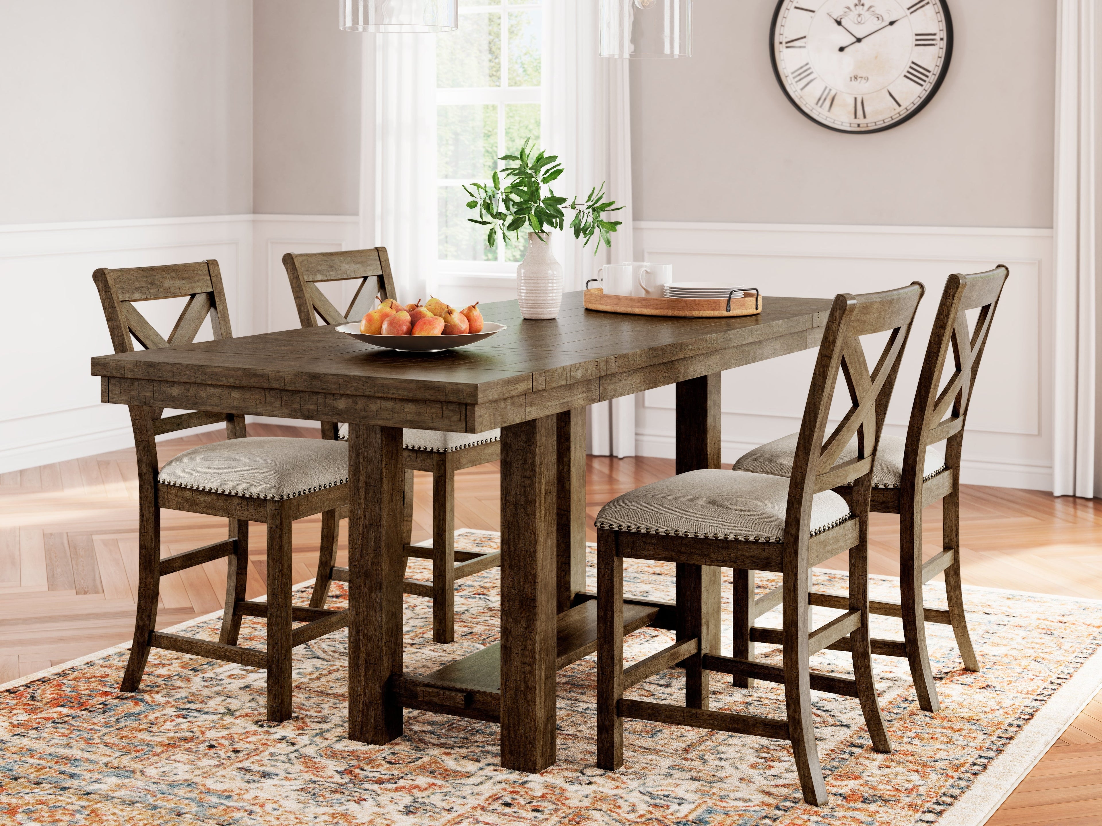 Moriville Beige Counter Height Dining Table and 4 Barstools