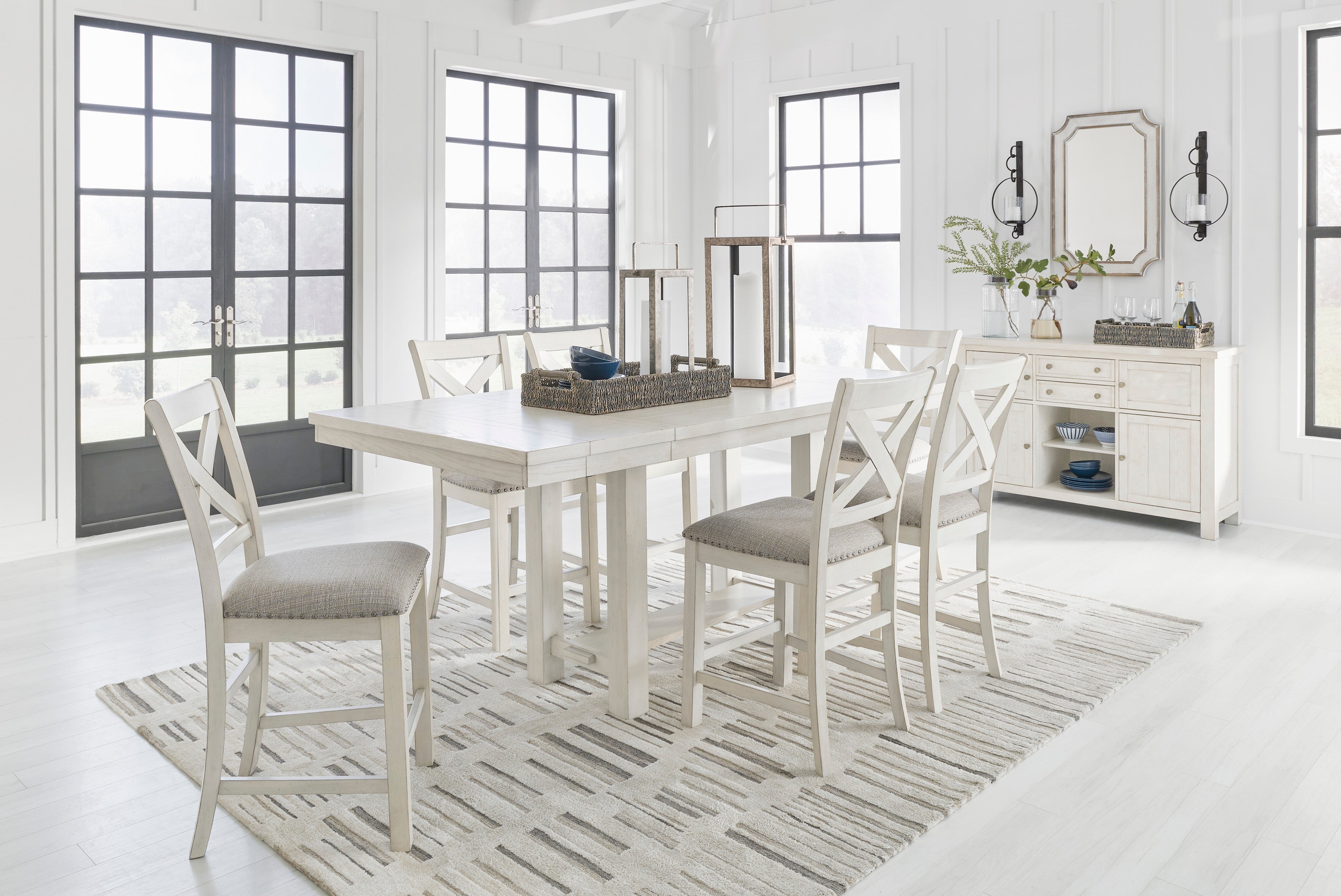 Robbinsdale Counter Height Dining Table, 4 Barstools and Server, Antique White