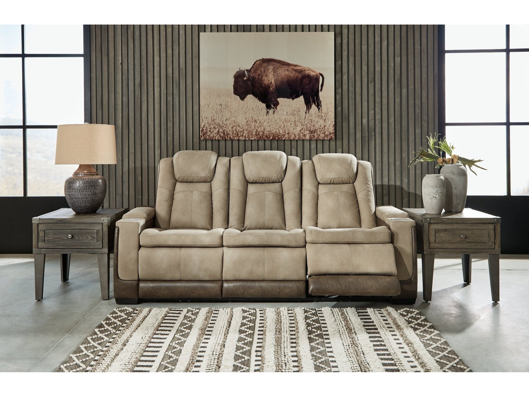 Next-Gen DuraPella Sand Power Reclining Sofa w/ Drop-Down Table