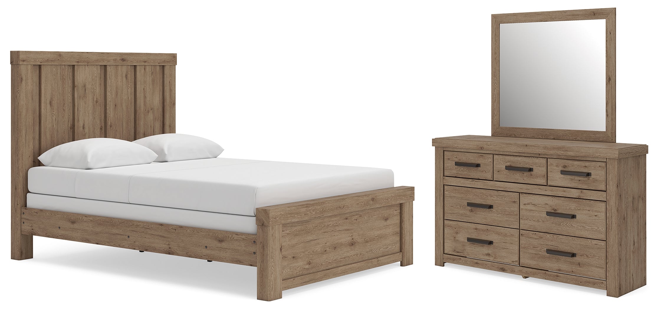 Oliandon Light Brown Queen Panel Bed, Dresser and Mirror