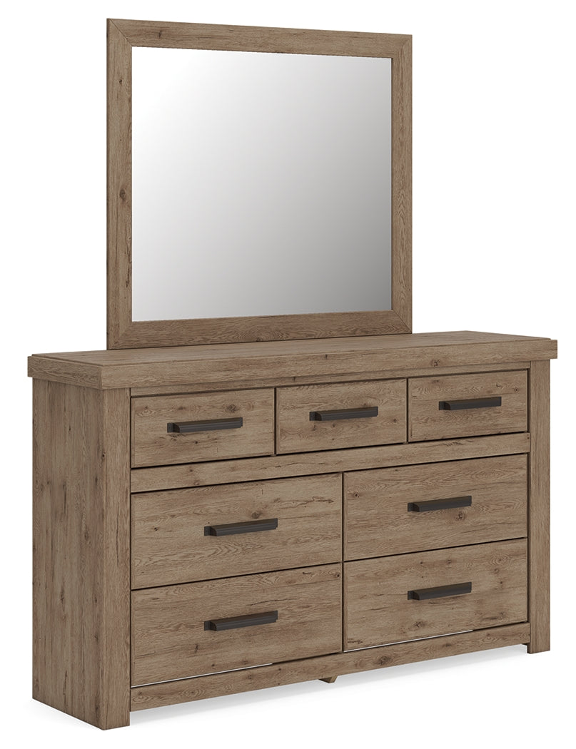 Oliandon Light Brown Queen Panel Bed, Dresser and Mirror