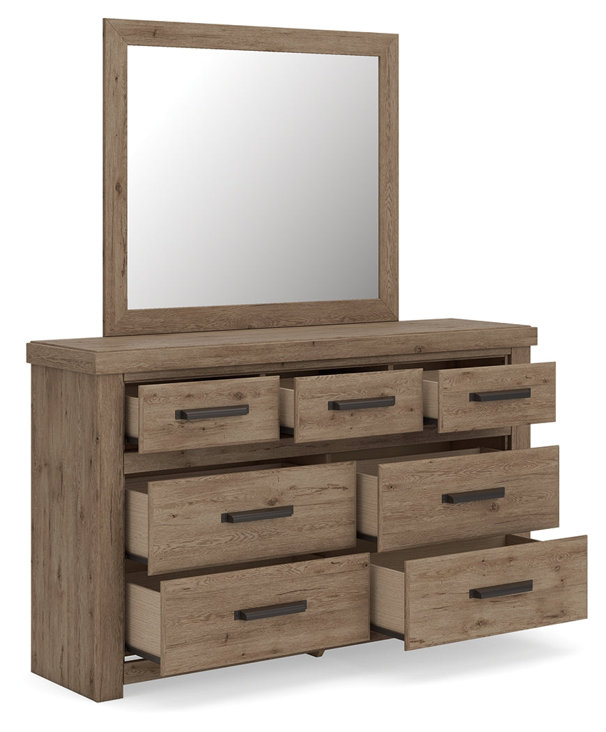 Oliandon Light Brown Queen Panel Bed, Dresser and Mirror