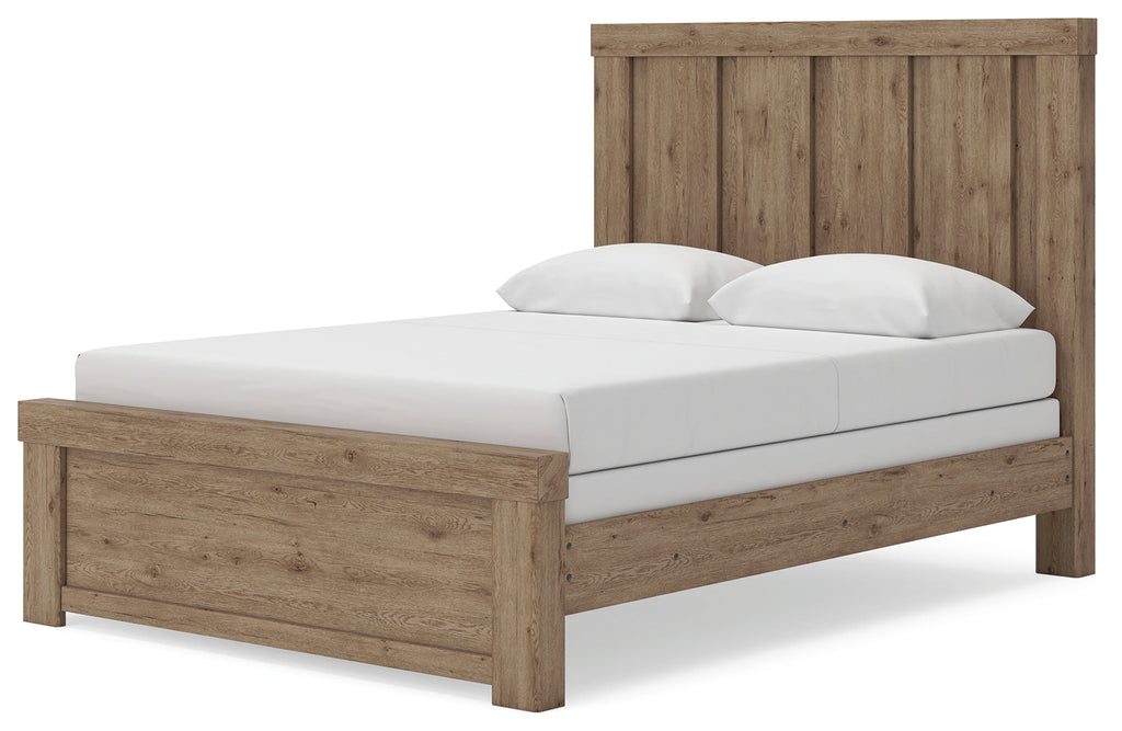 Oliandon Light Brown Queen Panel Bed, Dresser and Mirror