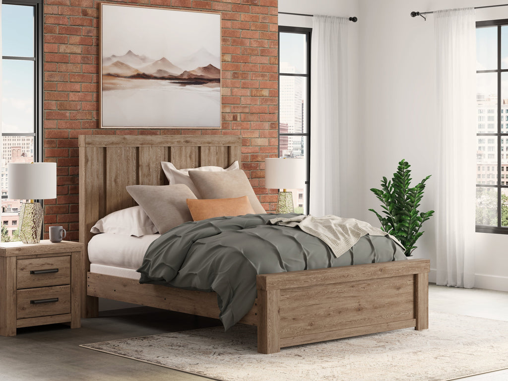 Oliandon Light Brown Queen Panel Bed, Dresser and Mirror