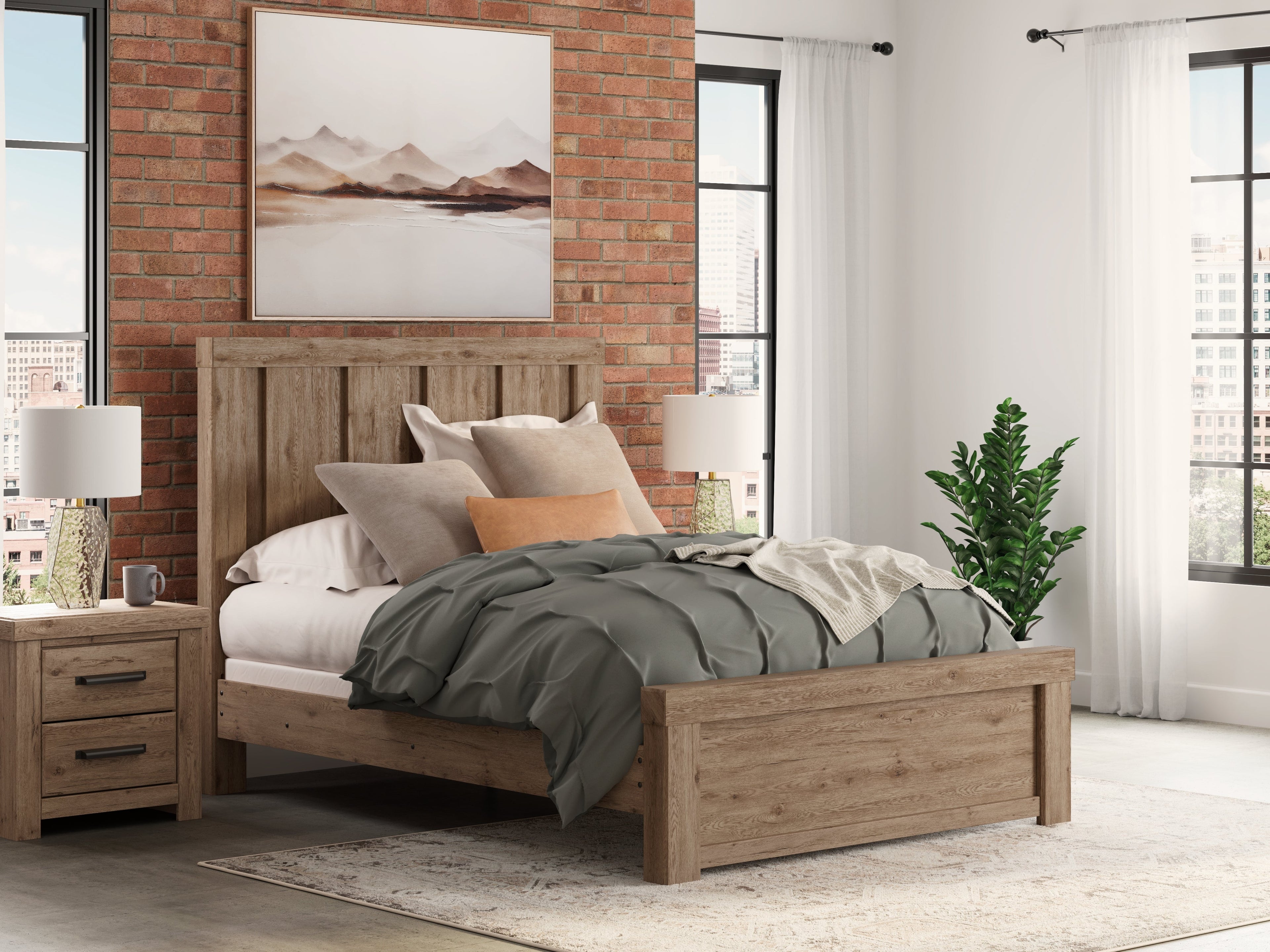 Oliandon Light Brown Queen Panel Bed, Dresser and Mirror