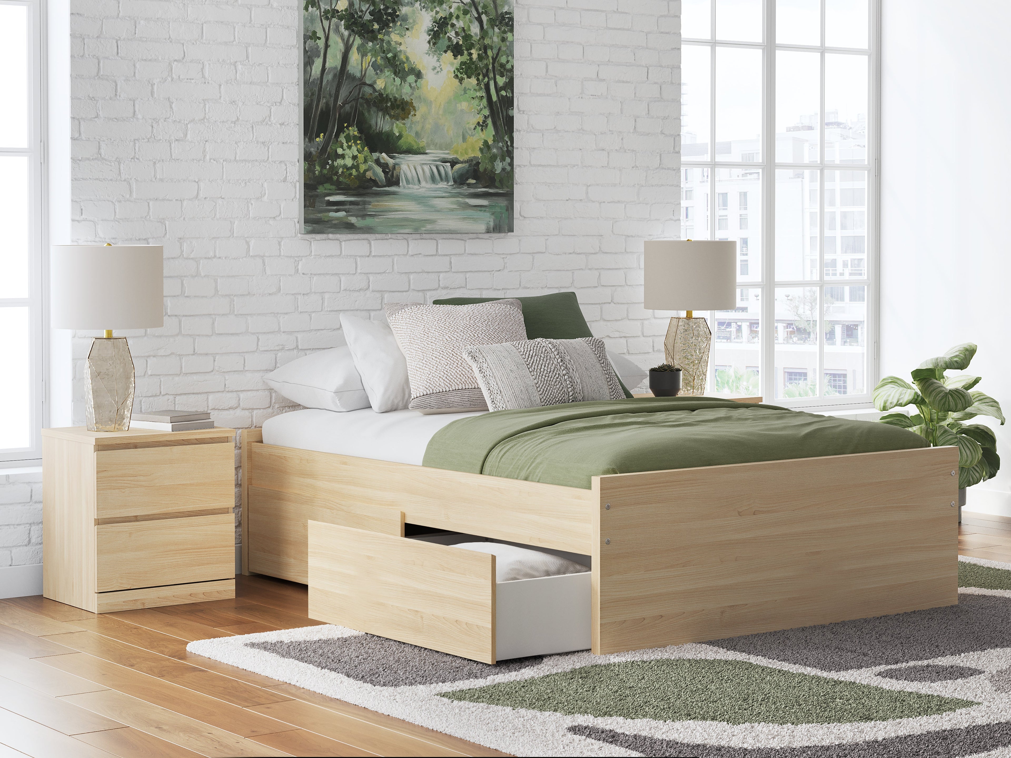 Onita Natural Full Platform Bed with 1 Side Storage