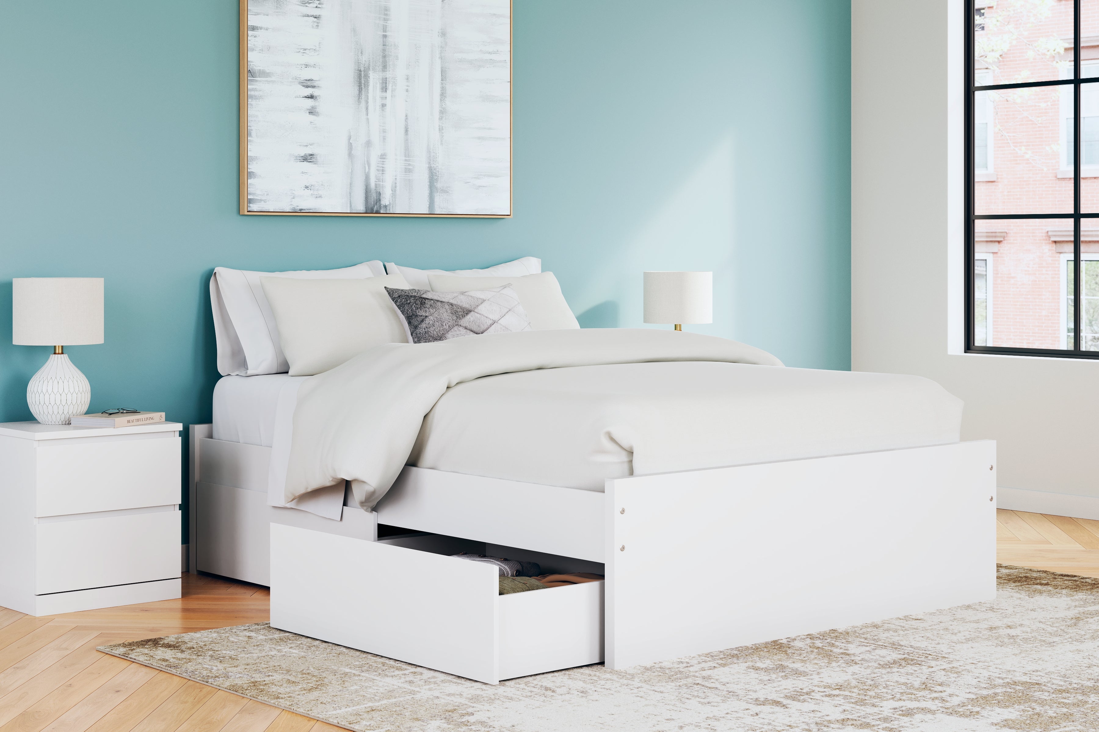 Onita White Queen Platform Bed with 1 Side Storage