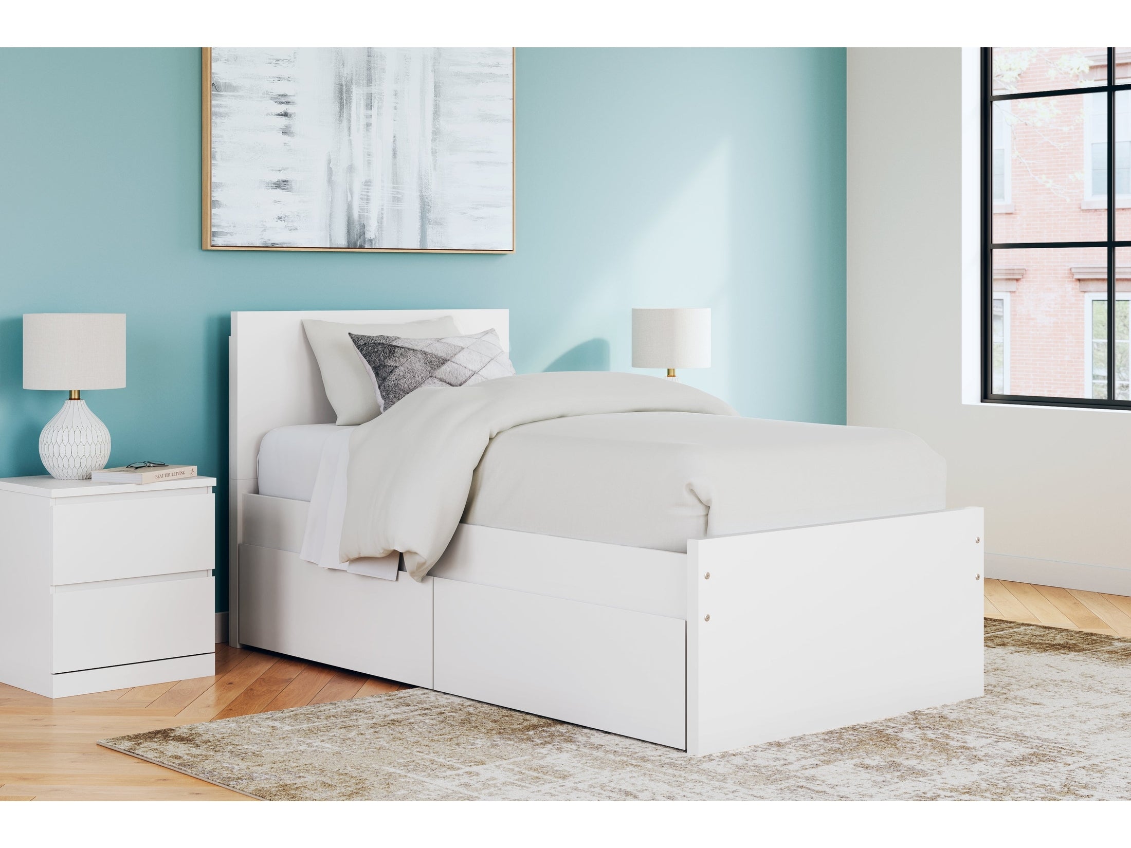 Onita White Twin Panel Platform Youth Bed with 1 Side Storage