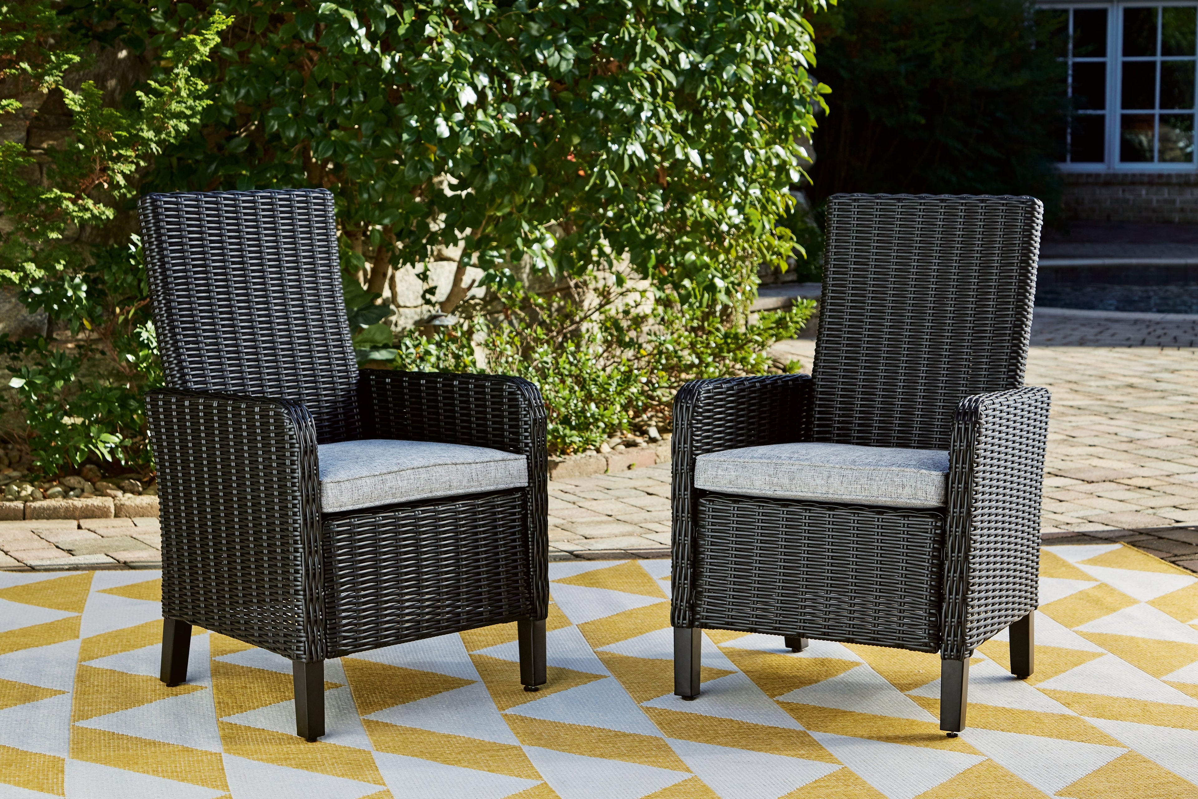 Beachcroft Black/Light Gray Outdoor Dining Table, 4 Chairs and Bench