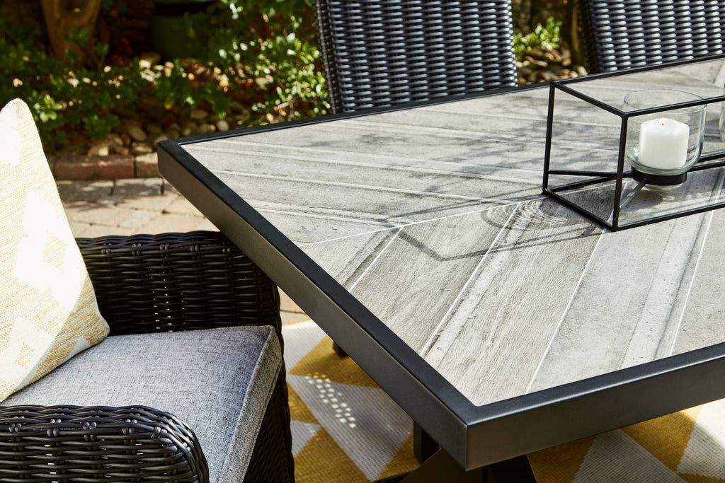 Beachcroft Black/Light Gray Outdoor Dining Table, 4 Chairs and Bench