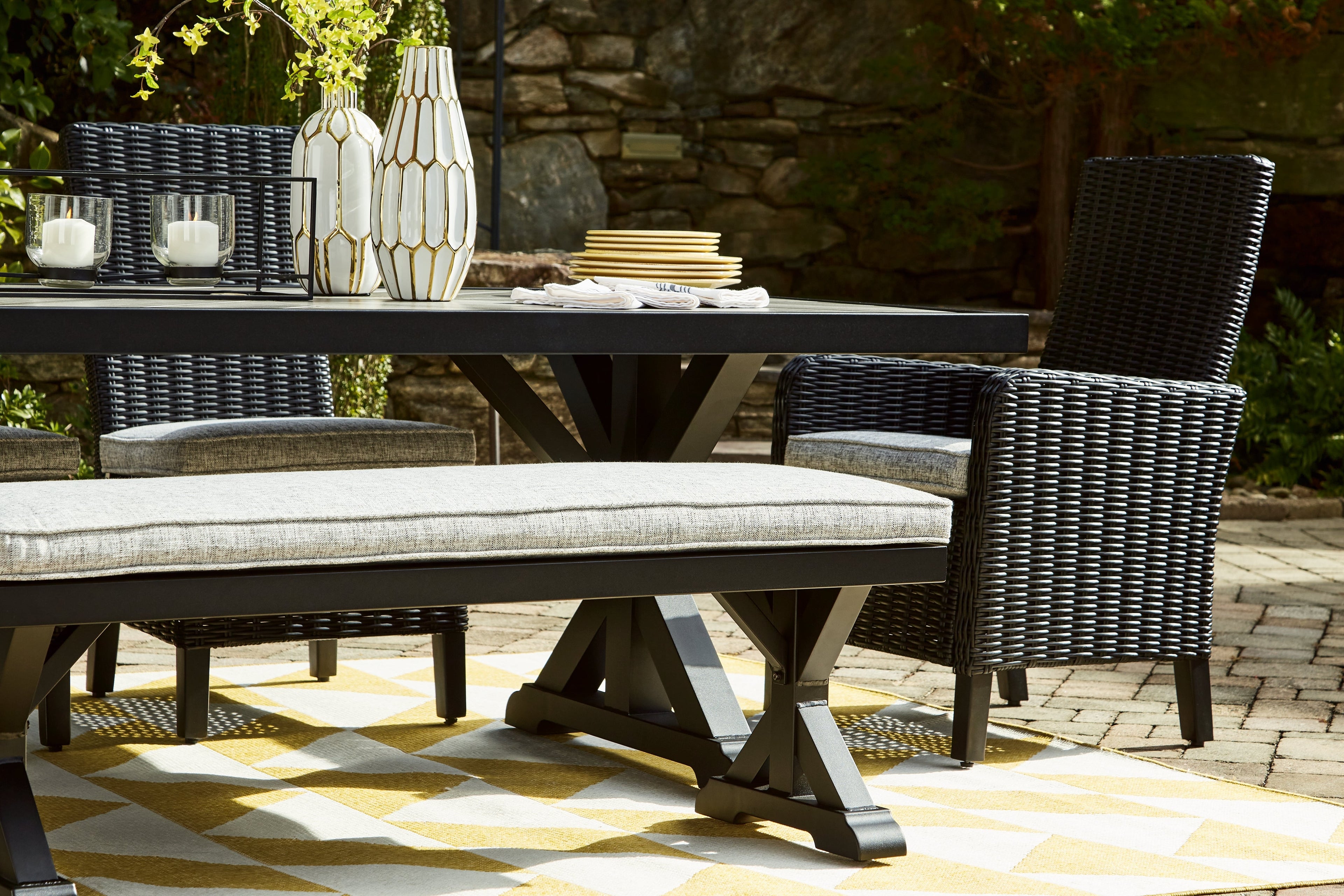 Beachcroft Black/Light Gray Outdoor Dining Table, 4 Chairs and Bench
