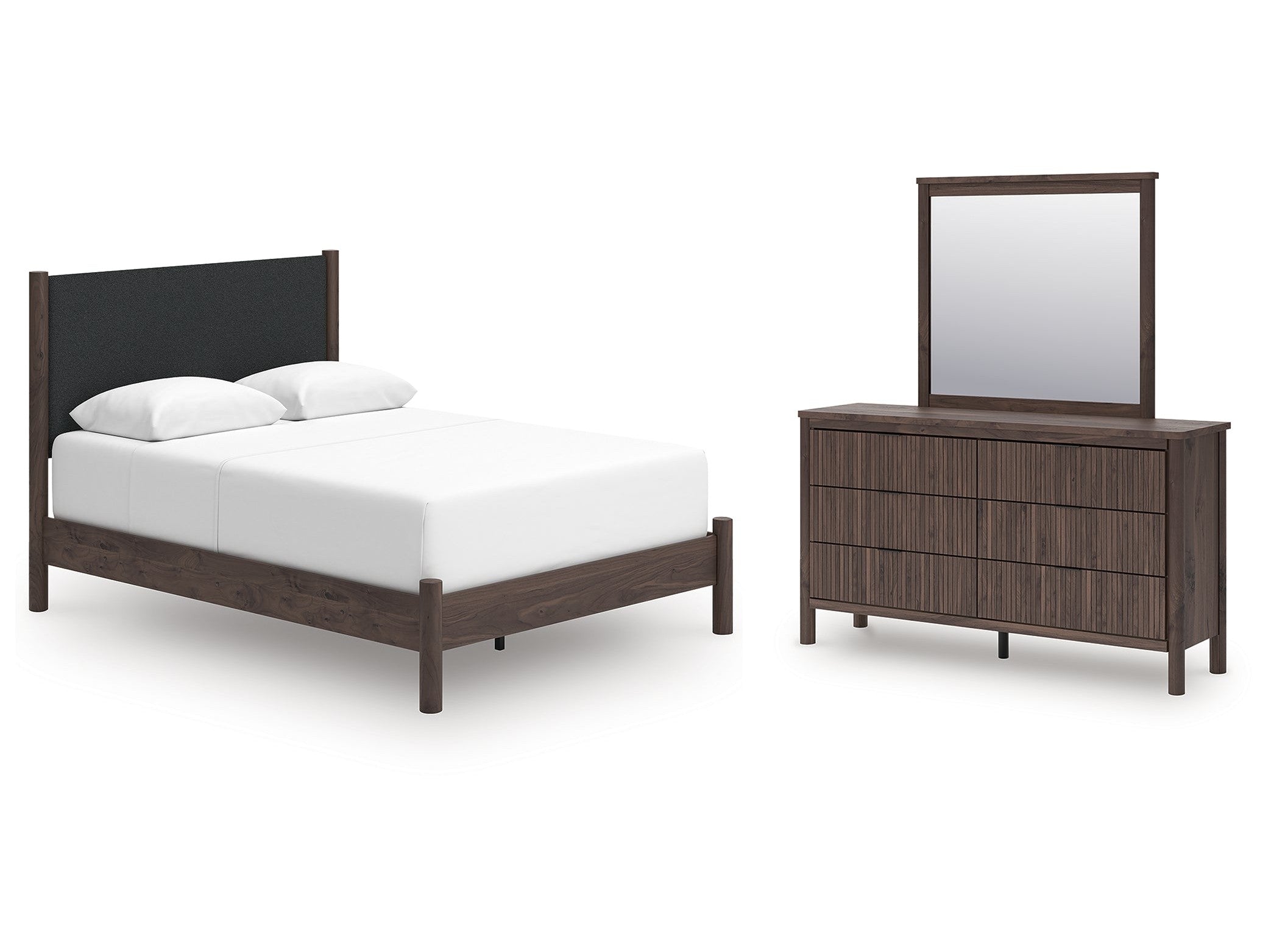 Pamytta Brown/Black Queen Upholstered Panel Bed, Dresser and Mirror