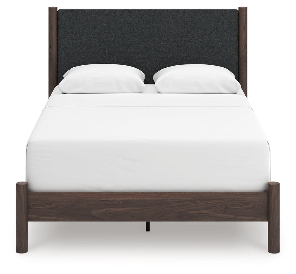 Pamytta Brown/Black Queen Upholstered Panel Bed, Dresser and Mirror