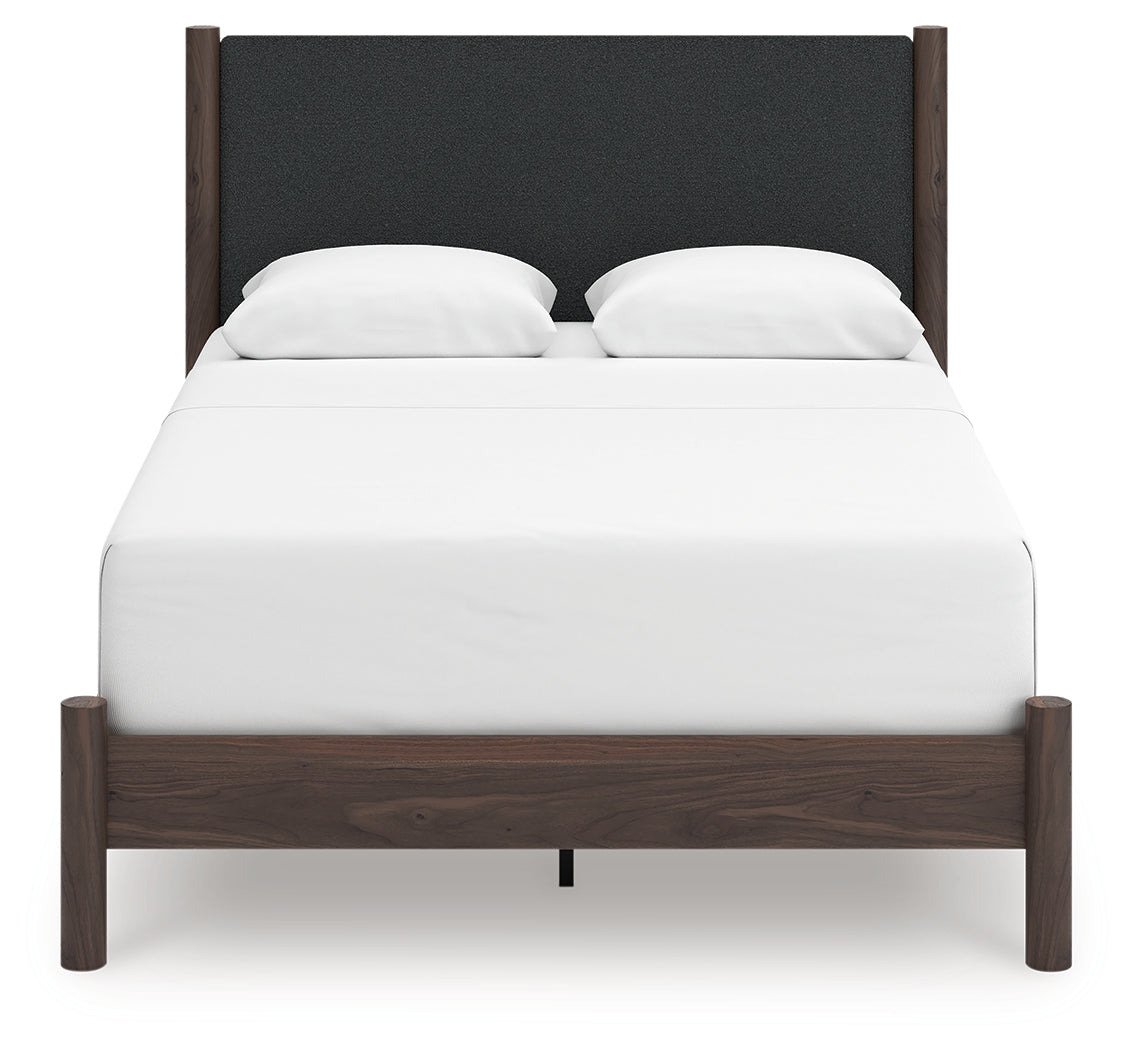 Pamytta Brown/Black Queen Upholstered Panel Bed, Dresser and Mirror
