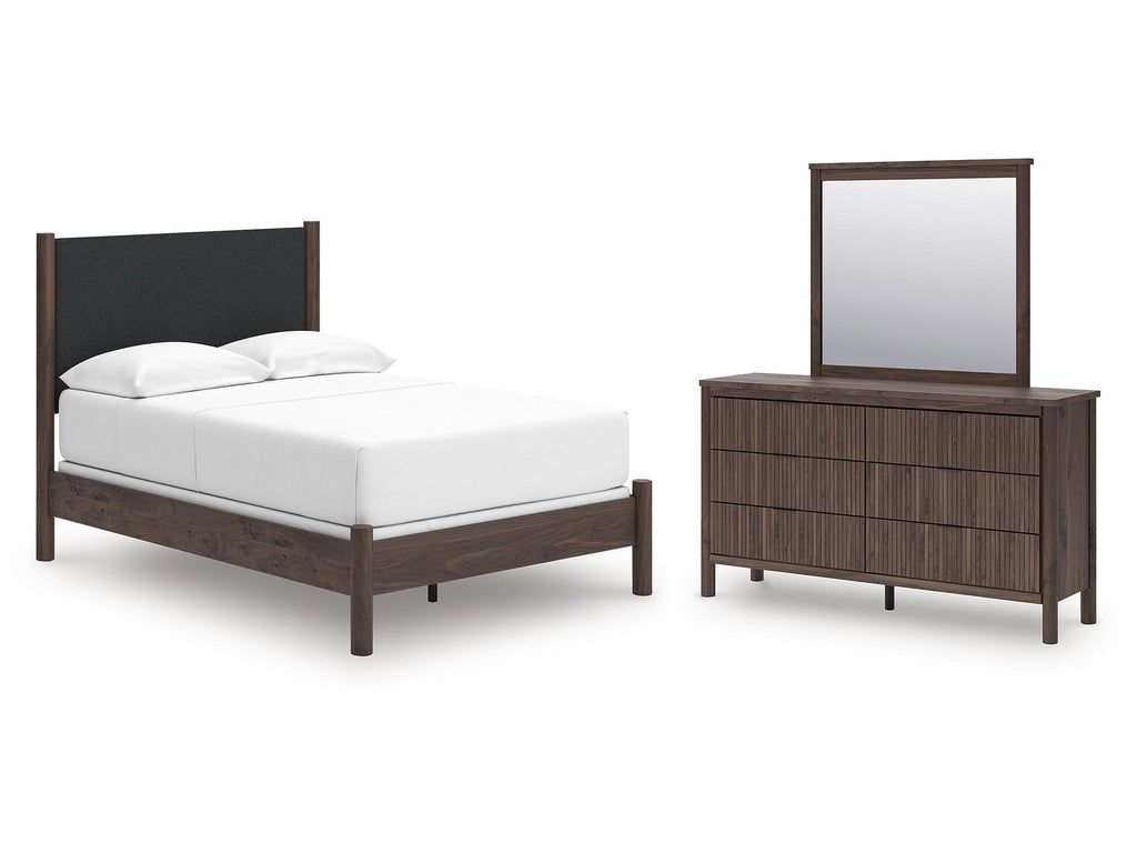 Pamytta Brown Full Upholstered Panel Bed, Dresser and Mirror