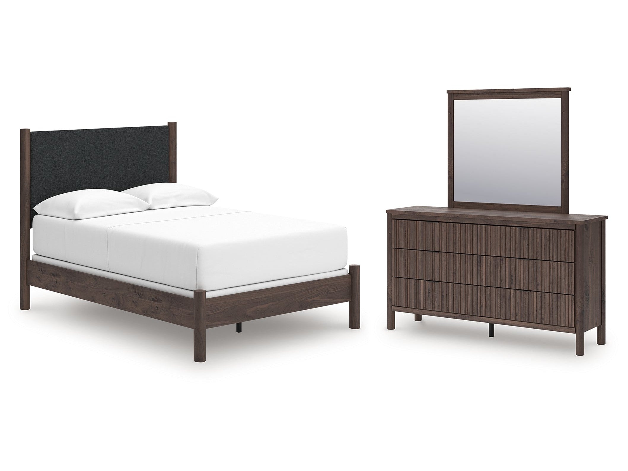 Pamytta Brown Full Upholstered Panel Bed, Dresser and Mirror