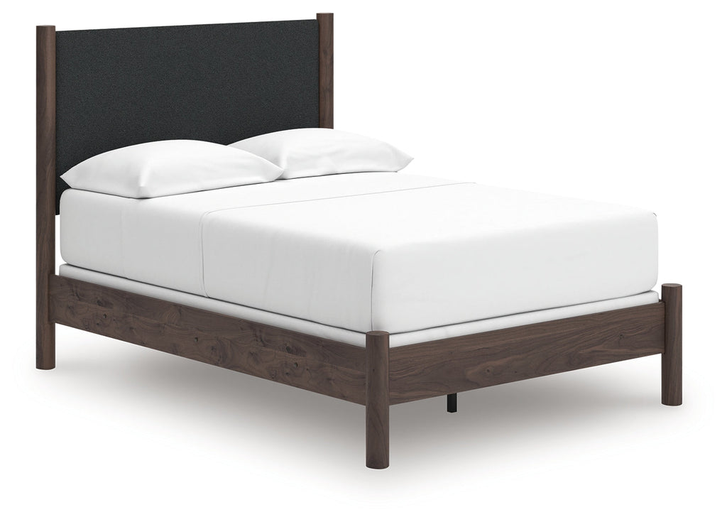 Pamytta Brown Full Upholstered Panel Bed, Dresser and Mirror