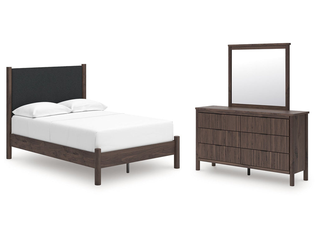 Pamytta Brown Full Upholstered Platform Bed, Dresser and Mirror