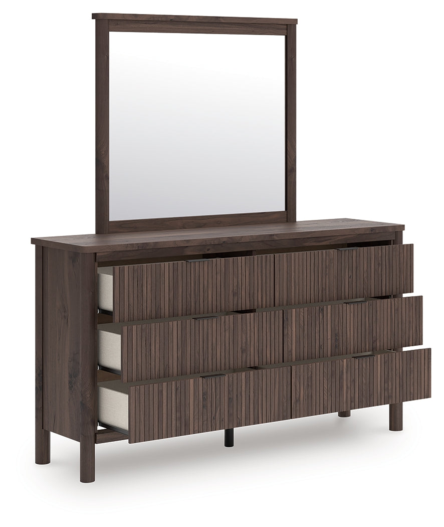 Pamytta Brown Full Upholstered Platform Bed, Dresser and Mirror