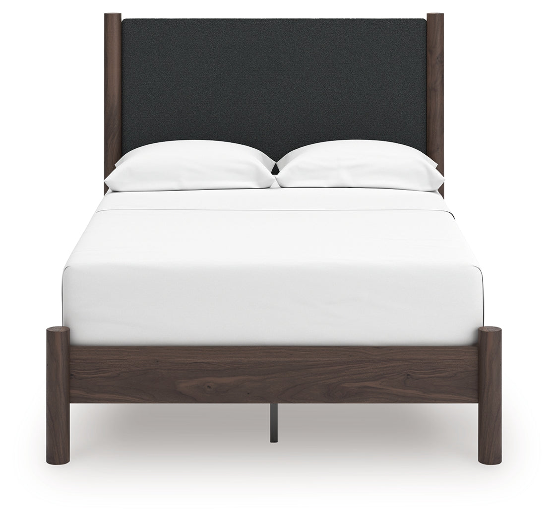 Pamytta Brown Full Upholstered Platform Bed, Dresser and Mirror