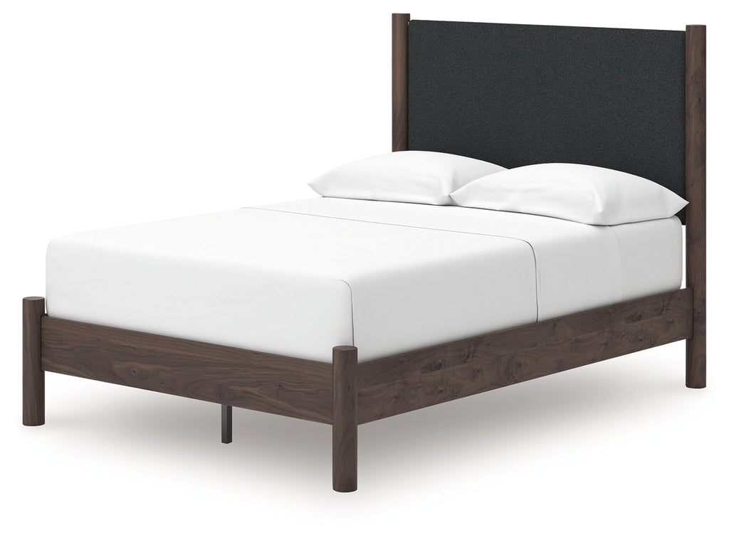 Pamytta Brown Full Upholstered Platform Bed, Dresser and Mirror