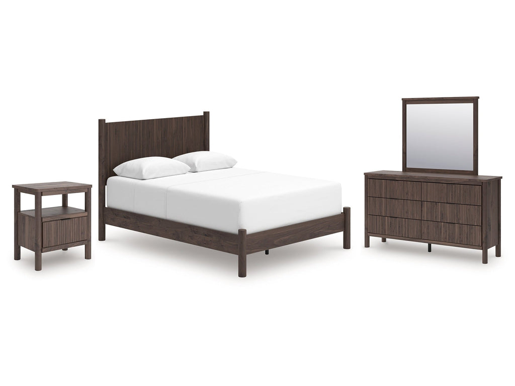 Pamytta Queen Panel Bed, Dresser, Mirror and Nightstand, Brown
