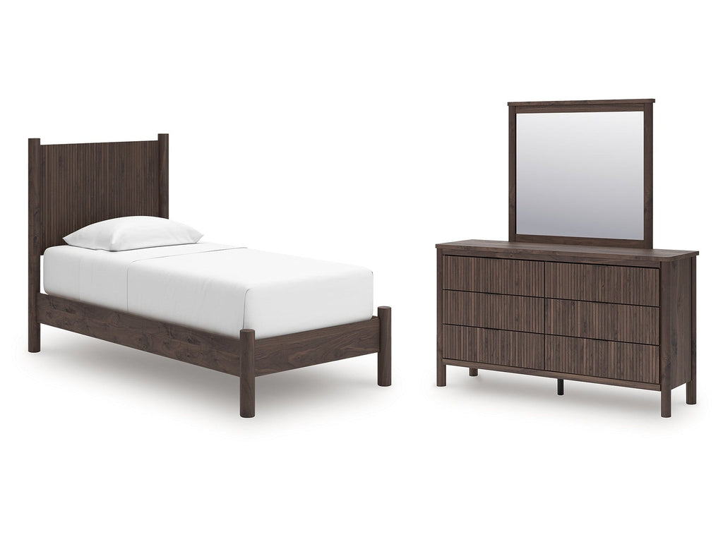 Pamytta Brown Twin Panel Platform Bed, Dresser and Mirror