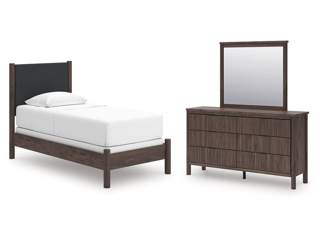 Pamytta Brown Twin Upholstered Panel Bed, Dresser and Mirror