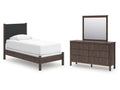 Pamytta Brown Twin Upholstered Panel Bed, Dresser and Mirror