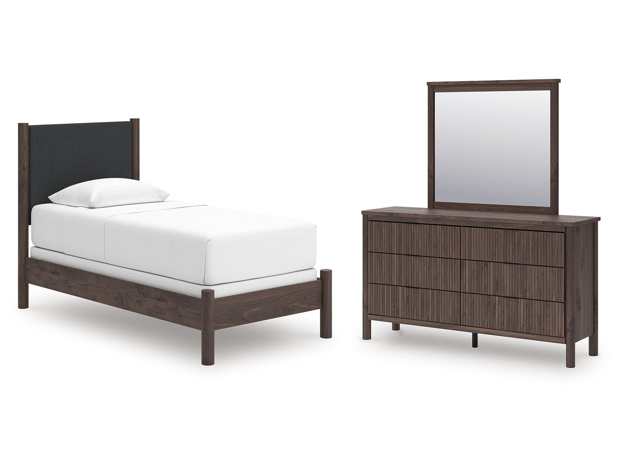 Pamytta Brown Twin Upholstered Panel Bed, Dresser and Mirror
