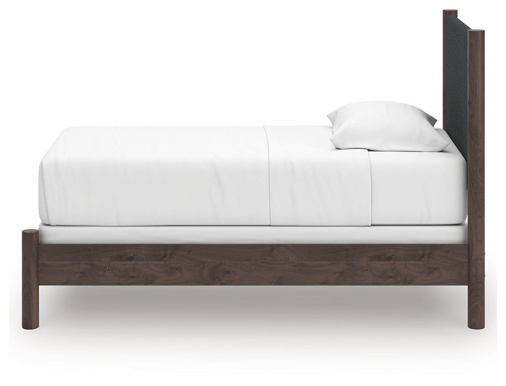 Pamytta Brown Twin Upholstered Panel Bed, Dresser and Mirror