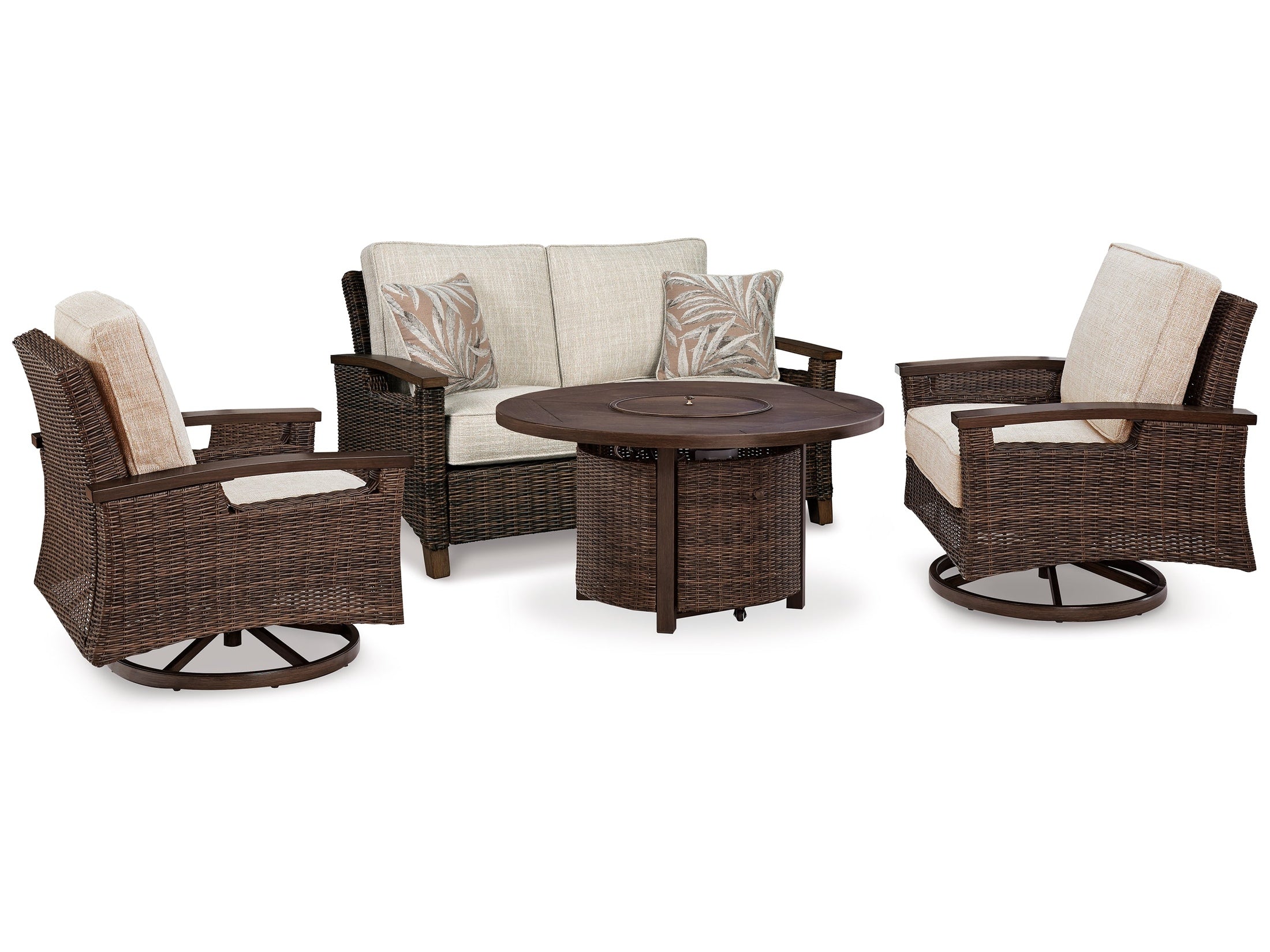 Paradise Trail Medium Outdoor Loveseat & Fire Pit Table & 2 Lounge Chairs, Brown