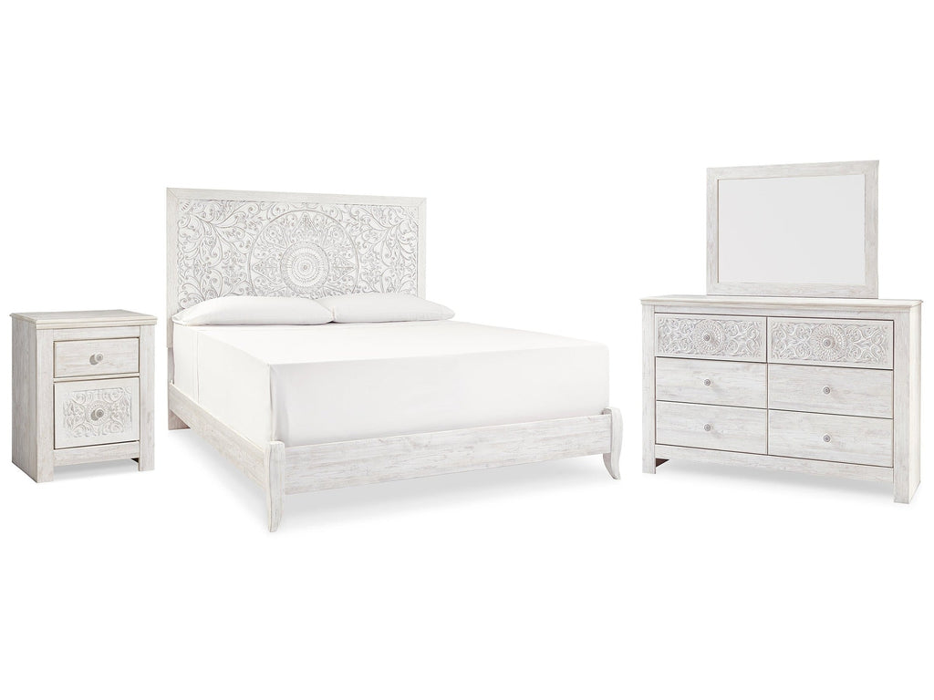 Paxberry Whitewash King Panel Bed & Dresser & Mirror & Nightstand