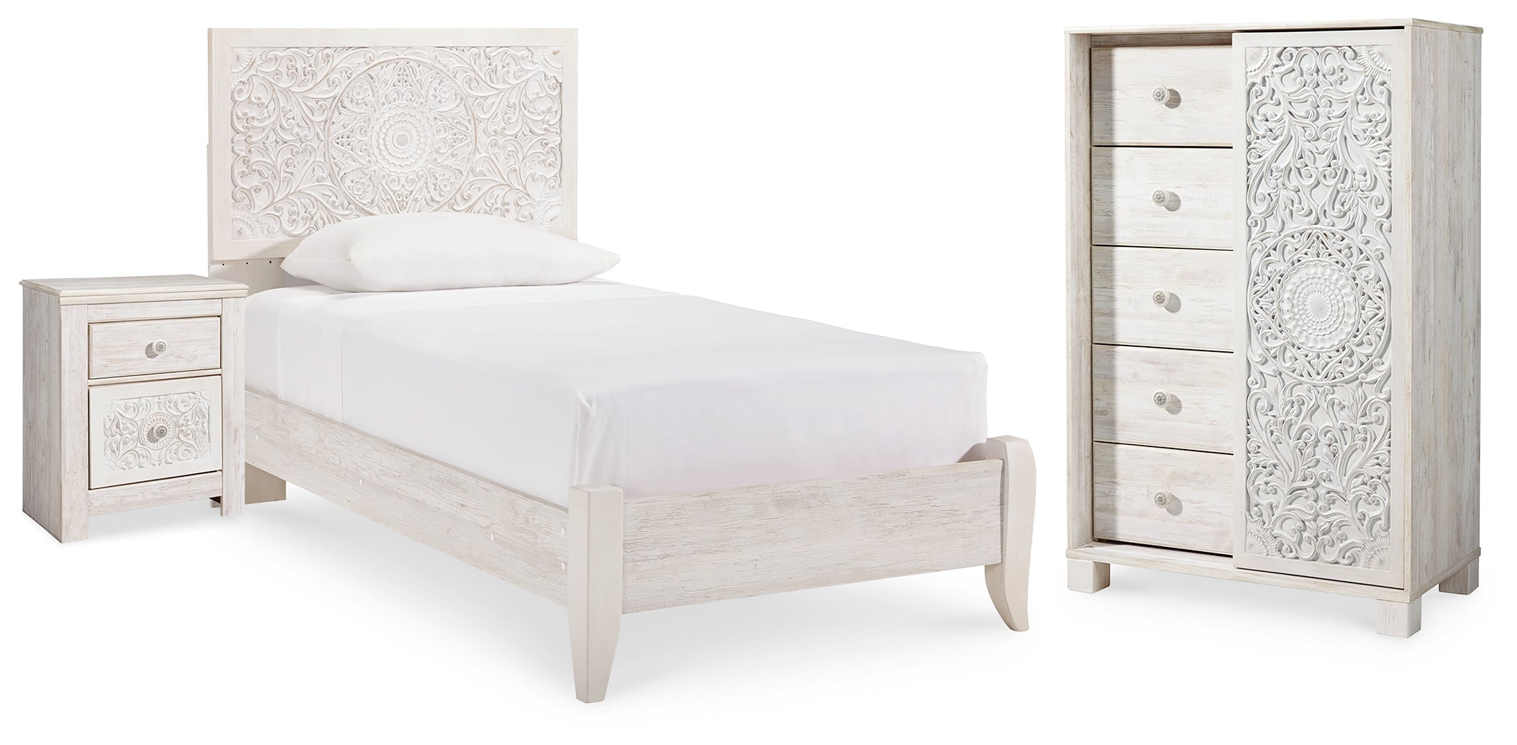Paxberry Whitewash Twin Panel Bedroom Set with Chest and Nightstand