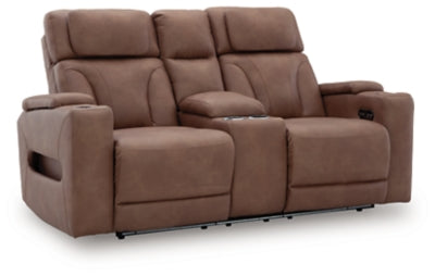 Point Clear Caramel Dual Power Reclining Loveseat with Console