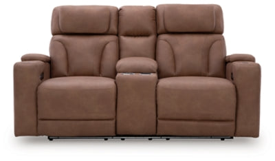 Point Clear Caramel Dual Power Reclining Loveseat with Console