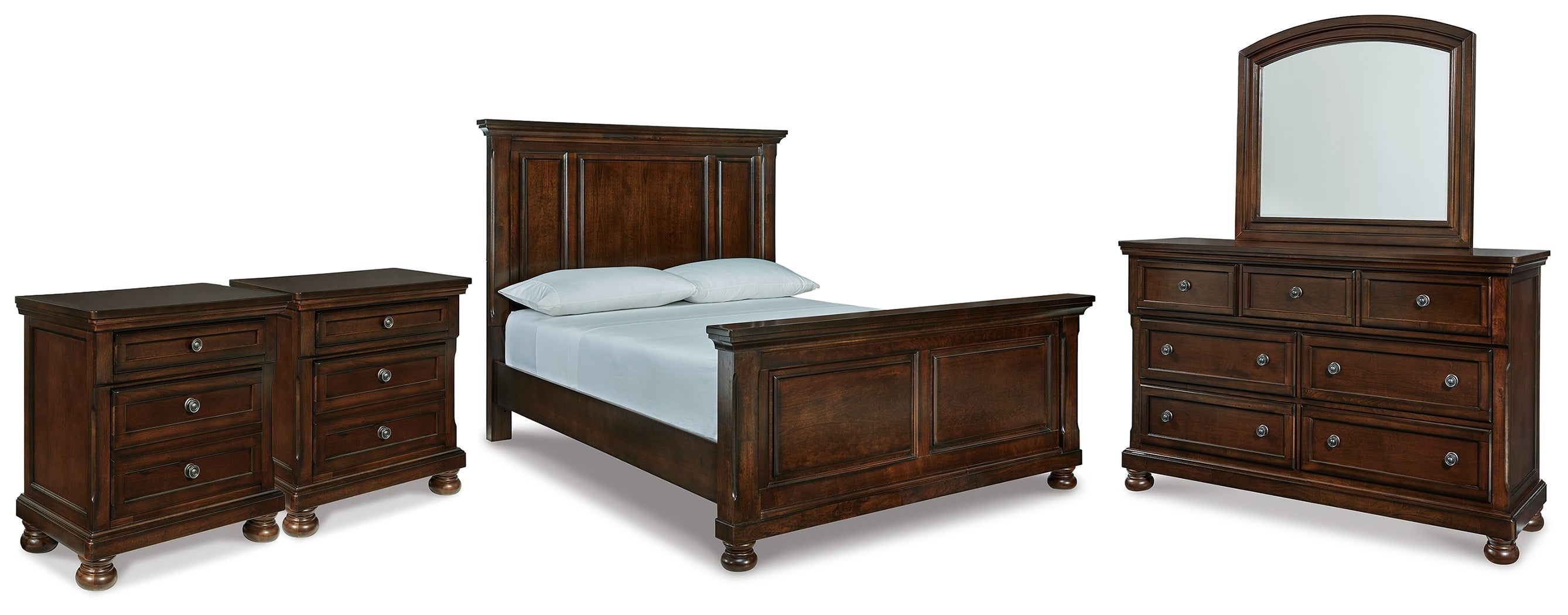 Porter Rustic Queen Panel Bed, Dresser, Mirror and 2 Nightstands, Brown