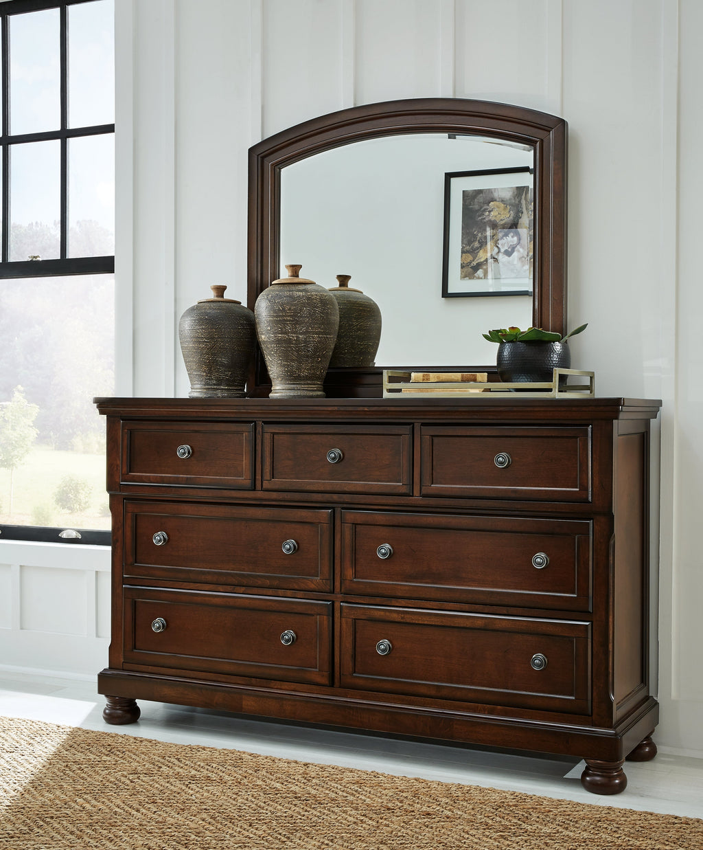 Porter Rustic Queen Panel Bed, Dresser, Mirror and 2 Nightstands, Brown