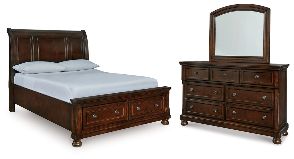 Porter Rustic Brown Queen Sleigh Storage Bed, Dresser and Mirror